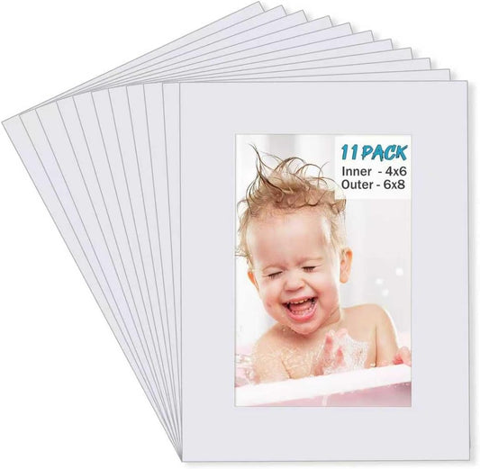 Egofine 6x8 White Picture Mats Pack of 11, Frame Mattes for 5x7 Pictures, Acid Free, 1.2mm Thickness, with Core Bevel Cut