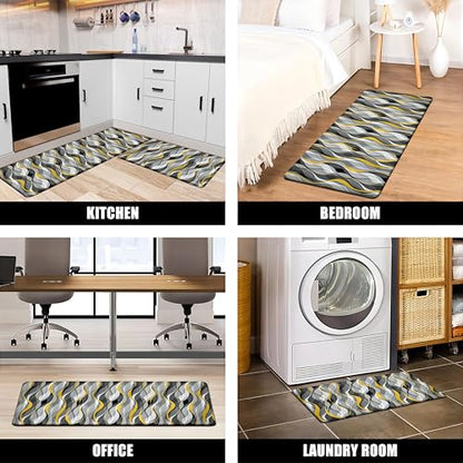 Kitchen Mats for Floor Modern Abstract kitchen rugs Grey and Yellow Stripe Anti Fatigue Kitchen Mats Waterproof Floor Mats Cushioned Non