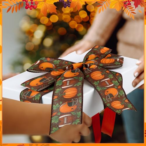 12 Rolls Fall Football Wired Edge Ribbon for Wreaths 2 Inch x 60 Yards Maple Leaves Pumpkin Football Print Ribbon Crafts for Thanksgiving Harvest Party Decorative Supplies (12 Count)