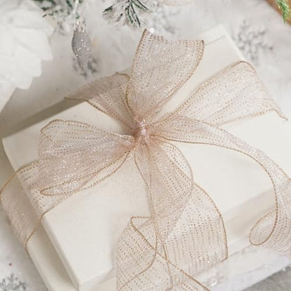 Rose Gold Sheer Glitter Wired Ribbon 2.5 Inch Horizontal Stripes Polka Dot Christmas Ribbon Organza Sheer Glitter Ribbons 25 Yards Rose Gold Ribbons for Christmas Tree (75 Foot)