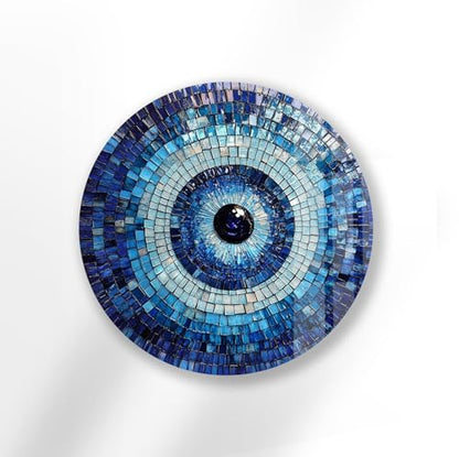 39,4''(100cm) Diameter Blue Mosaic Evil Eye Round Glass Wall Art Tempered Glass Printing Wall Decor Large Wall Art Wall Hangings