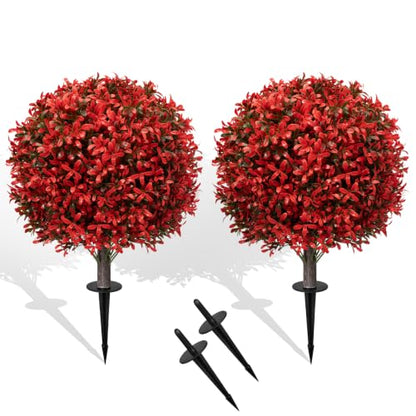 2Pack UV Resistant Red Artificial Boxwood Topiary Fake Plant (2 Count)
