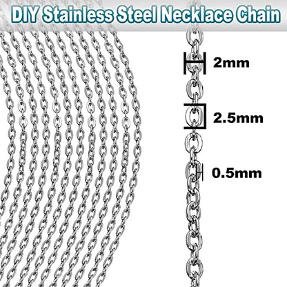 33ft Silver Stainless Steel Chain 2mm Jewelry Necklace Link Cable Chain for Jewelry Making Bracelets Earring Craft Supplies DIY Findings
