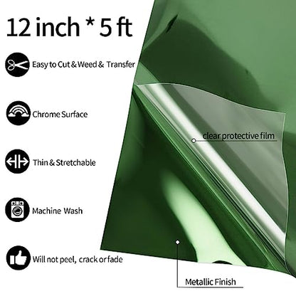 Dark Green Metallic Foil Heat Transfer Vinyl Roll 12" x5ft Dark Green Iron on Vinyl Chrome HTV Vinyl Easy to Cut & Weed DIY Heat Press Design for T