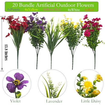 20 Bundles Artificial Flowers Outdoor No Fade UV Resistant Fake Plastic Flowers Faux Plants for Garden Patio Porch Window Box Home Wedding Farmhouse Hanging Décor (20 Count)