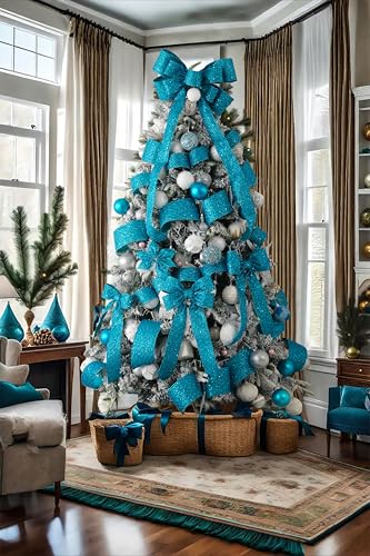 Turquoise Glitter Wired Christmas Ribbon 2.5 inch x 10 Yards (30 Foot)