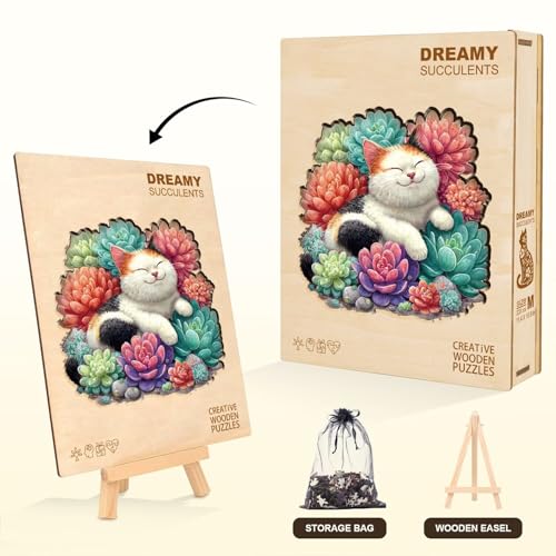 Dreamy Succulents Cat Puzzles Adults Gifts for Women Men Wooden 275 Pieces 13.4 x 12.7in