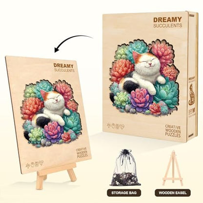 Dreamy Succulents Cat Puzzles Adults Gifts for Women Men Wooden 200 Pieces 11.4 x 10.9in