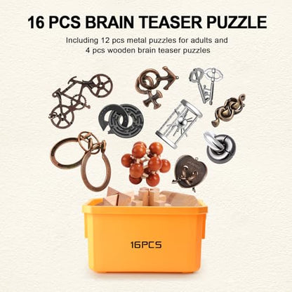 Metal Brain Teaser Puzzles Disentanglement Puzzles Metal Wooden Brain Teaser Puzzle 16pcs Logic Metal Puzzle for Adult Kid Toy Lock Puzzles Gift for Adults Teenagers Kids (72 Count)