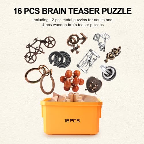 Metal Brain Teaser Puzzles Disentanglement Puzzles Metal Wooden Brain Teaser Puzzle 16pcs Logic Metal Puzzle for Adult Kid Toy Lock Puzzles Gift for Adults Teenagers Kids (72 Count)