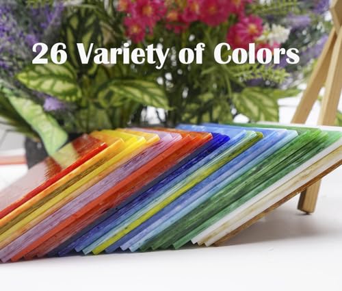 26 Sheets Colorful Vibrant Stained Glass Sheets Variety Assortment Pack (26 Count)