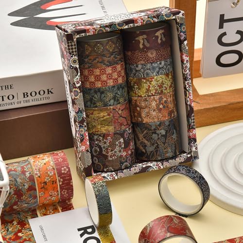 12 Rolls Kyoto Charm Washi Tape Set Japanese Arts Adhesive Tapes Geometric Garden Decorative Masking Tape Sets for Craft (12 Count)