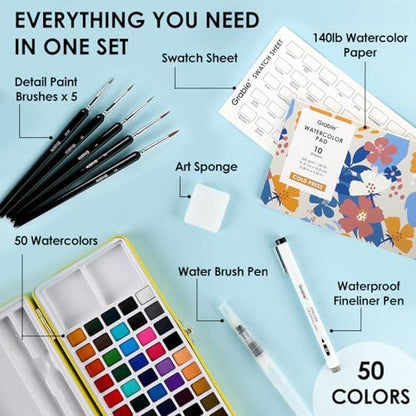 Set of 50 Color Premium Watercolor Paint Set with Detail Brushes (15.5205 Ounce)