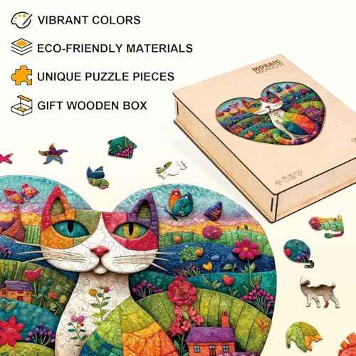Mosaic Meadow Cat Puzzles Adults Gifts for Women Men Wooden 225 Pieces 13.4 x 11.5in