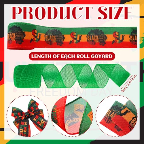 12 Rolls 60 Yards Juneteenth Ribbons Wired Edge Fabric Ribbons Craft Assortment Themed Juneteenth Freedom Day Pattern Wrapping Crafts for DIY Gift Hair Sewing Wreath (12 Count)