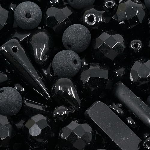 2.1oz (60g) of Glass Bead Mix with Drops, Table-Cut and fire Polish Czech Beads, Glossy & Matte Black (2.1164 Ounce)