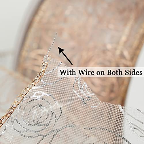 Floral 2.5 Inch Rose Gold Rose Wired Ribbon Wedding Bouquet Ribbons Rose Gold Organza Sheer Ribbons 25 Yards Roll Pink Wedding Ribbon for Crafts (75 Foot)