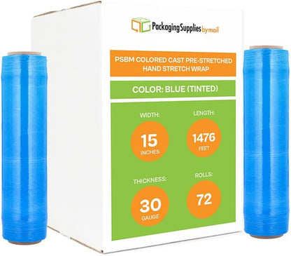 PSBM Blue Stretch Wrap, 15 Inch x 1476 Feet, 72 Pack, Tinted Pre-Stretched Shrink Wrap Film for Moving, Packaging, Pallet Wrapping