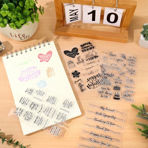 4 Sheets Sentiment Words Clear Stamps Greeting Words Happy Birthday Silicone Transparent Stamps for DIY Craft Card Making Scrapbooking Embossing Album Decor (4 Count)