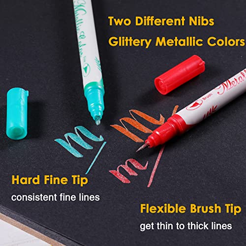 Metallic Markers Dual Tip Metallic Marker Pens Brush and Fine Point Pens for Black Paper (12 Count)
