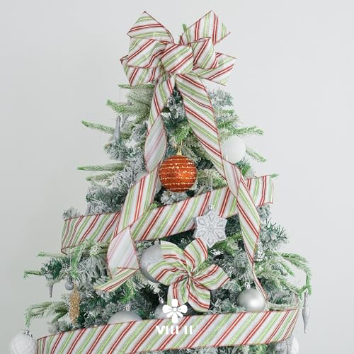 Red and Green Diagonal Striped Ribbon 2.5 Inch White Satin with Lime Green and Red Glitter Wired Ribbon for Christmas Tree (30 Foot)
