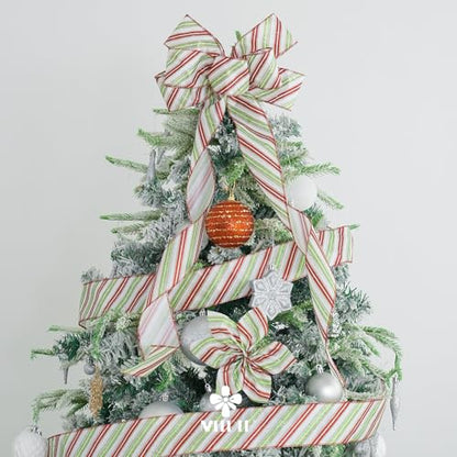 Red and Green Diagonal Striped Ribbon 2.5 Inch White Satin with Lime Green and Red Glitter Wired Ribbon for Christmas Tree (30 Foot)
