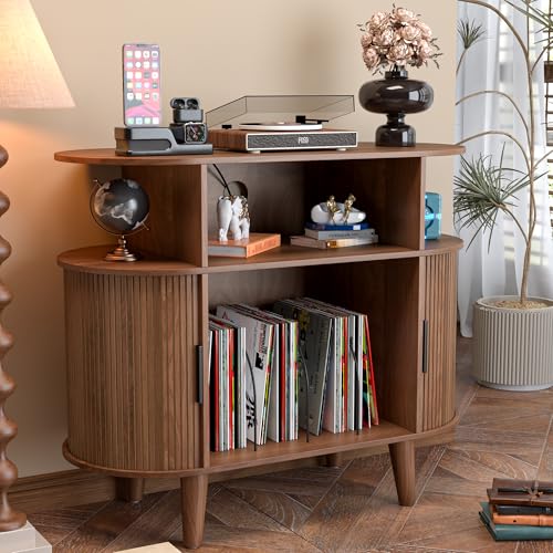 Large Round Record Player Stand with Charging Station & USB Ports