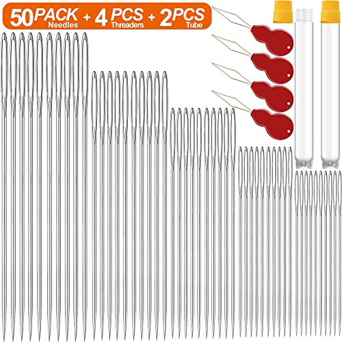 50 Pack Premium Large Eye Needles for Hand Sewing with Needle Threaders (50 Count)
