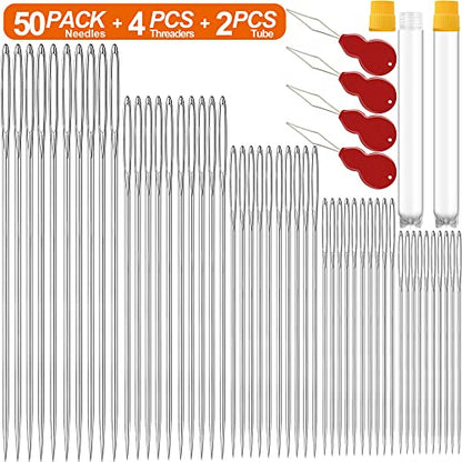 50 Pack Premium Large Eye Needles for Hand Sewing with Needle Threaders (50 Count)