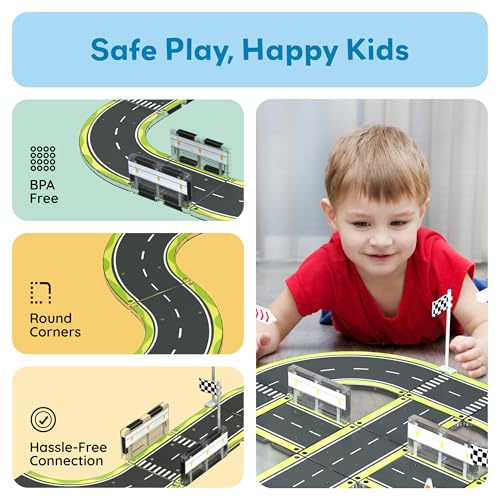Magnet Tile Building Block Construction Toy Set Street Sign Traffic Kit Highway Road Race Track with Bumper Barricade Accessory Sticker Education Magnetic Tiles Kids Age 3+ PTR03
