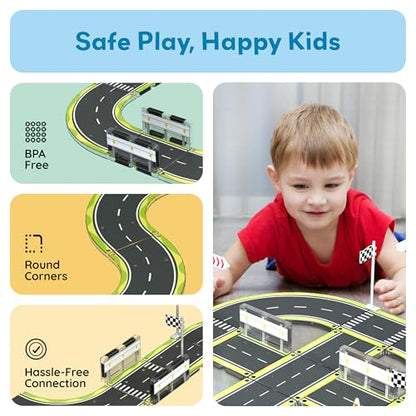 Magnet Tile Building Block Construction Toy Set Street Sign Traffic Kit Highway Road Race Track with Bumper Barricade Accessory Sticker Education Magnetic Tiles Kids Age 3+ PTR03