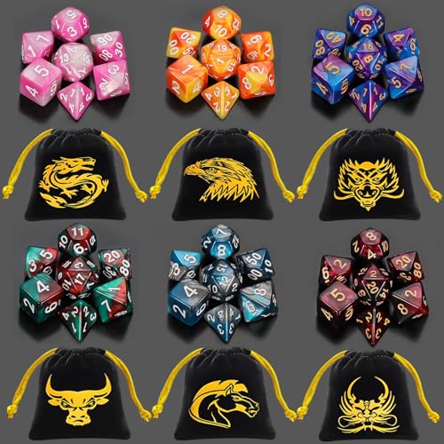 42 Pcs (6 X 7) Polyhedral Dice - 6 Sets DND Dice + 6 Drawstring Bags (42 Count)