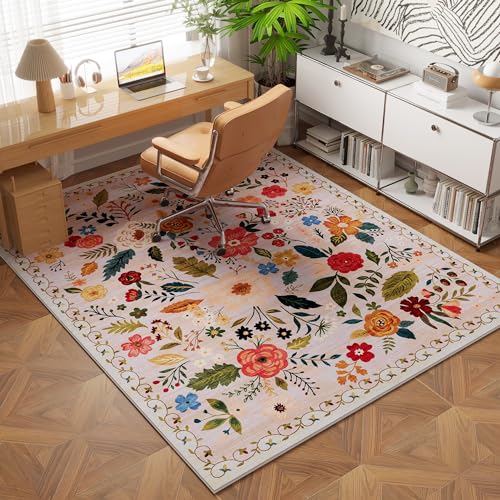 Bedroom Rug 3x5 Rug Washable Area Rug Non Slip Low Pile Boho Floral Small Carpet for Bedroom