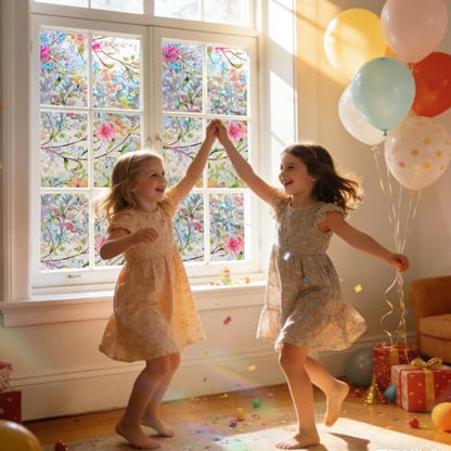 Stained Glass Window Film Rainbow Floral Static Cling Window Film Flower Window Privacy Film No Glue Decorative Window Cling UV Blocking Heat Control Glass Windows Stickers 47.25'' x 118''