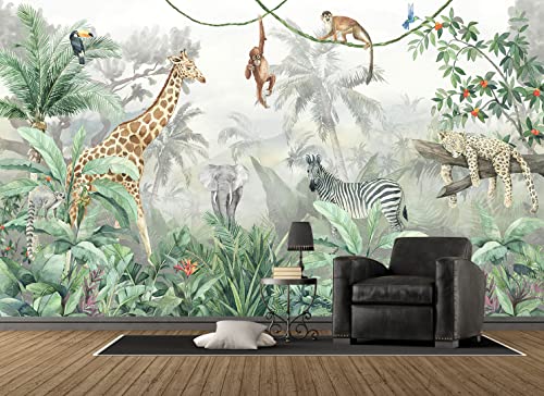 Kids Wallpaper Tropical Leves and Safari Animals (162.5 Sq Ft)