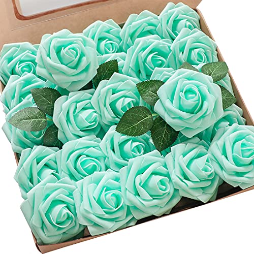 Artificial Flowers 25pcs Real Looking Robin's Egg Blue Foam Fake Roses with Stems for DIY Wedding Bouquets Baby Shower Centerpieces Floral Arrangements Party Tables Home Decorations (25 Count)