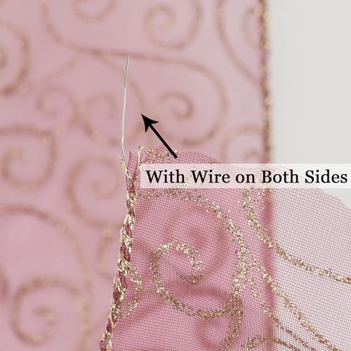 Red Gold Swirl Wired Ribbon 2.5 Inch Dark Red Sheer Ribbon with Gold Swirl Glitter Wired Organza Ribbons 25 Yards Burgundy Sheer Christmas Ribbons for Christmas Tree (75 Foot)