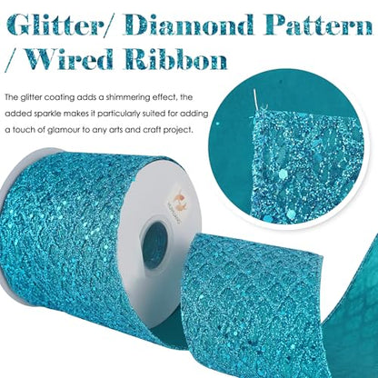 Turquoise Glitter Wired Christams Ribbon 4 inch x 10 Yards (30 Foot)
