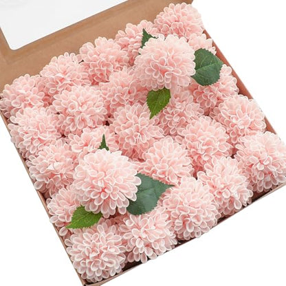 Artificial Dahlia Flowers 25pcs Real Looking Blush Foam Fake Roses with Stems for DIY Wedding Bouquets Pink Bridal Shower Centerpieces Floral Arrangements Party Tables Home Decoration (33 Count)