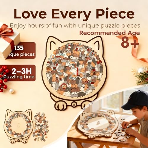 135 Piece Colored Cat Shaped Wooden Jigsaw Puzzle (135 Count)