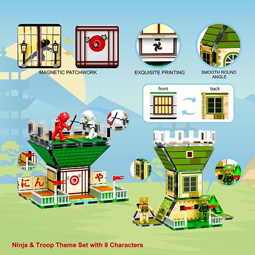 102pc Magnet Tile Building Block Ninja & Troop Theme Double Sided Printings 2in1 with 8 Character Figures Magnetic Tiles Construction Playset Fine Motor Skill STEM Educational Age3+ PTQ02 (3 Count)