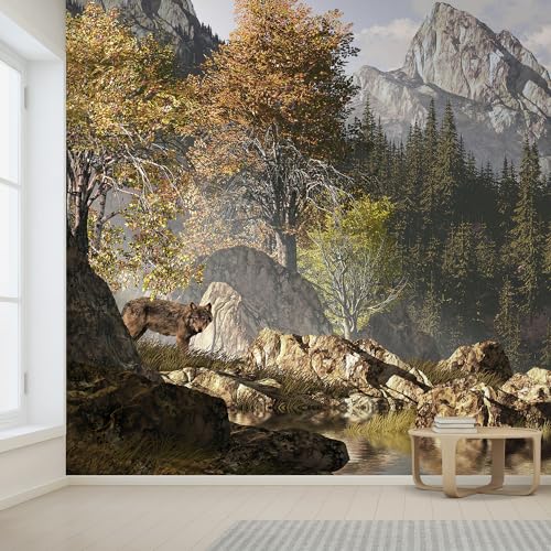 Wall Sticker Wall Mural Wolf Near a Lake in a Rocky Mountain Landscape