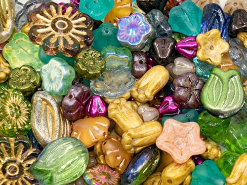 1.4oz (40g) Summer Mix of Small Czech Glass Flower Beads, Hand Made Set Kit, Bell Flower, Tulip, Bud Beads
