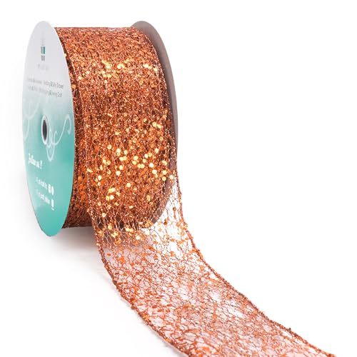 Sparkling Glitter Mesh Wired Ribbon 2.5" x 20 Yards Bronze Orange for Christmas Home Decor Bow Gift Wrapping DIY Crafts Wreath (60 Foot)