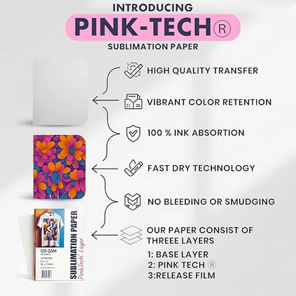 Hayes PinkTech Sublimation Paper 8.5x11 Inch 110 Sheets 125gsm for Inkjet Printer Epson Canon Sawgrass Heat Transfer Paper Works with Sublimation Ink for T (110 Count)