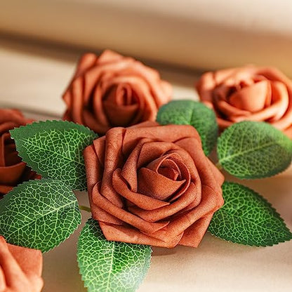 Burnt Orange Rose 25pcs Real Looking Artificial Flowers w (25 Count)