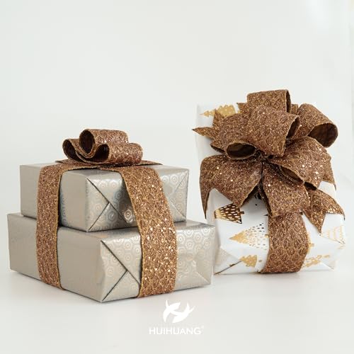 Glitter Copper Diamond Wired Christmas Ribbon 2.5 inch x 10 Yards (30 Foot)