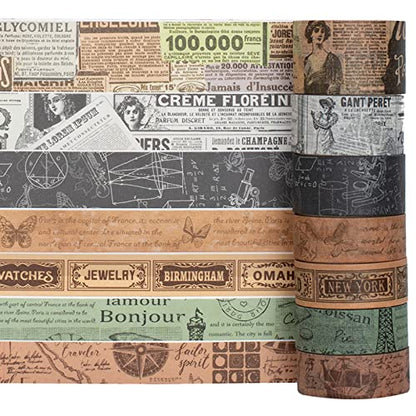 Vintage Washi Tape Set 10 Rolls Wide Decorative Antique Map Stamp Newspaper Masking Tapes for Arts