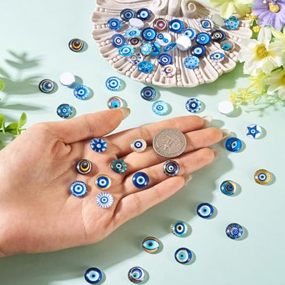 100Pcs 12mm Transparent Evil Eye Glass Cabochons Mixed Blue Eyes Cameo Dome Tiles Flat Back Glass Covered Dome Tiles for DIY Bracelets Necklace Scrapbooking Art Crafts (100 Count)