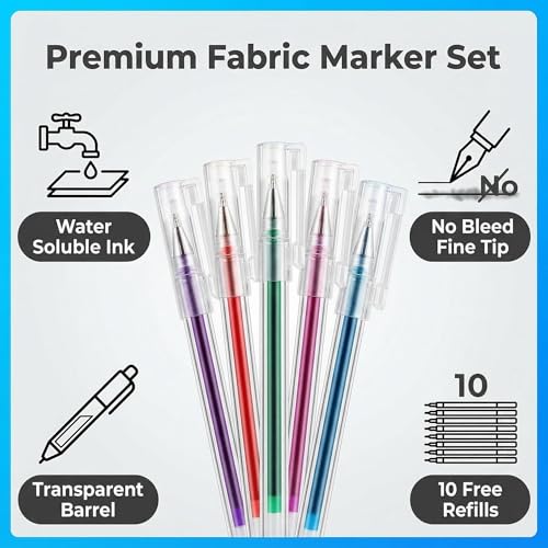 5 Colors Extra Fine Tip Water Erasable Fabric Marking Pen with 10 Free Refills for Cross Stitch (15 Count)